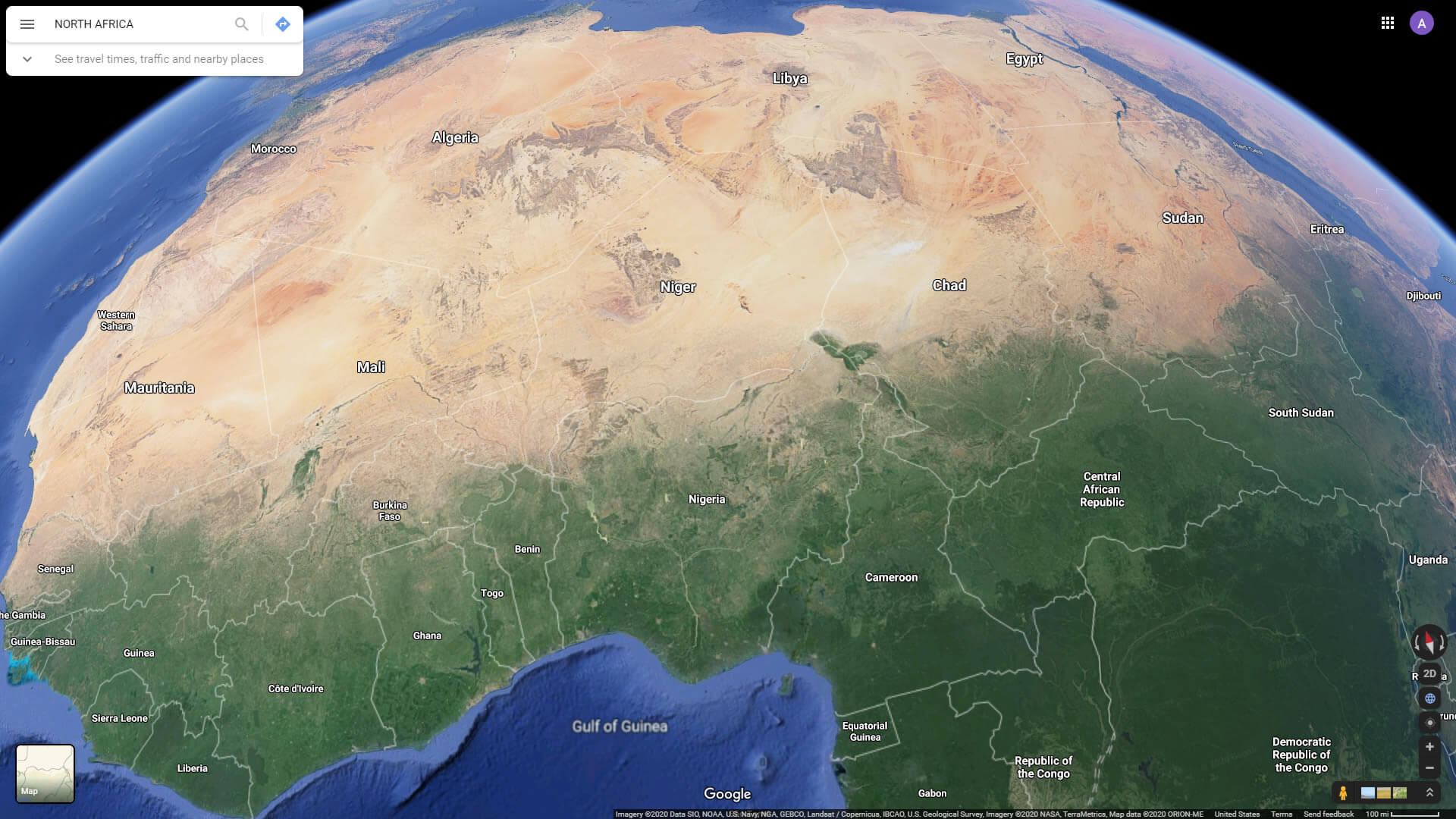 Vue satellite de l'Afrique du Nord avec les pays